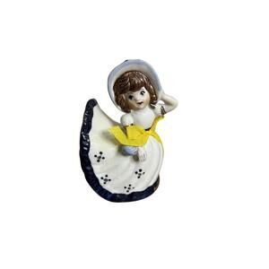 Vintage Ceramic Girl Bell Figurine Yellow Ribbon Blue Floral Small Handpainted